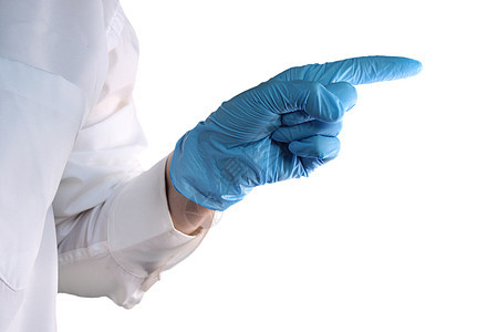 医生手放在蓝色的医学手套上 用手指指向方向 然后图片