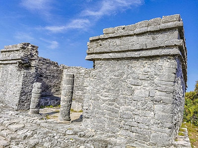 古代图鲁姆毁灭了玛雅遗址的马雅寺庙金字塔考古学海洋蓝色历史热带纪念碑天堂遗址城市海滩图片