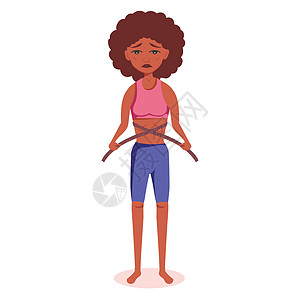 非常瘦的非裔美国黑人女性患有厌食症和贪食症 她用厘米尺测量腰部 感觉很胖 对自己的体重不满意 想减掉更多的体重图片