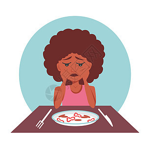 非常瘦的非裔美国黑人女性患有精神障碍 厌食症和贪食症 看着一盘减肥食品 不敢吃 对自己的体重不满意 想减重图片