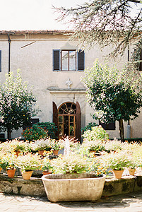 在意大利佛罗伦萨的一座老别墅前 装饰着花盆的不老泉图片