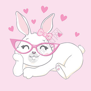 戴着粉红色眼镜的可爱小兔子 甜美女孩口号 有趣的兔子脸 儿童印刷设计 儿童 T 恤 婴儿服装的矢量插图孩子们微笑艺术打印动物卡通图片