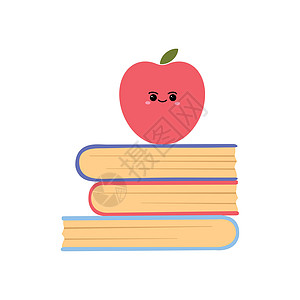 以kawaii风格的红苹果堆叠书籍 白背景上的矢量插图被孤立 教育概念图片
