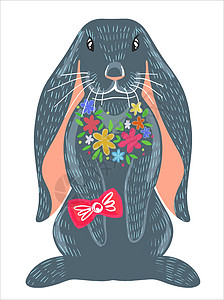 带着弓和花的可爱愤怒的灰色兔子 长耳朵的野兔坐在它的后腿上 在孤立的背景上的插图图片