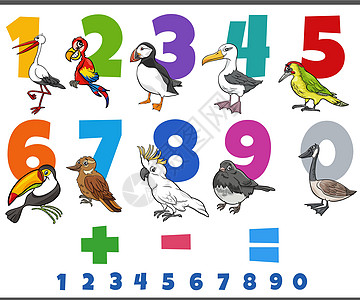以动漫鸟动物为特点的教育数量设置的插图麻雀漫画卡通片幼儿园绘画啄木鸟海雀军科学习图片
