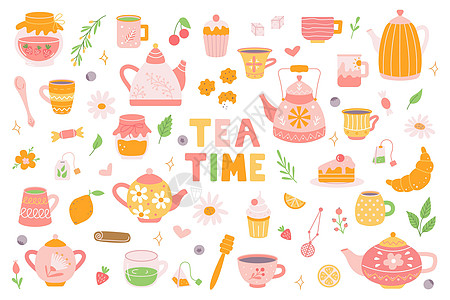 大茶 茶壶 糖果杯 饼干 早餐 茶晚会 手持矢量平插图 在白色背景上绘画风格图片