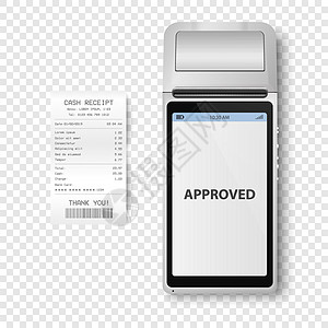 矢量 3d 黑色 NFC 支付机 具有已批准的状态和纸质支票 收据 WiFi 无线支付 POS 终端 银行支付非接触式终端的机器图片