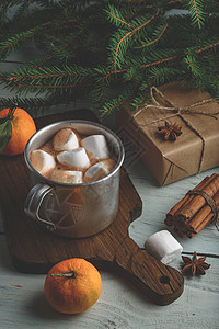 圣诞巧克力热巧克力加棉花糖装饰杯子问候八角食物新年橙子咖啡风格礼物图片