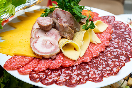 一盘冷开胃菜 里面有各种香肠 肉和奶酪 绿色和西红柿午餐熟食餐厅熏肉盘子柠檬牛扒宴会餐饮派对图片