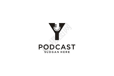 首字母Y 配有麦克风 Podcast 播客徽标设计模板图片