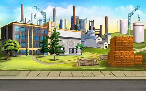 城市外的工业区卡通片数字插图绘画色彩企业建造起重机小路建筑材料背景图片