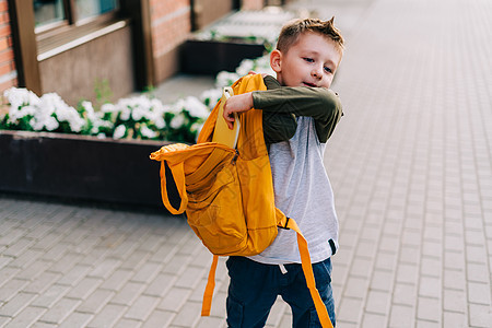 回到学校 可爱的孩子打包背包 拿着记事本和培训书去上学 提着包的男孩学生 正在上课的小学生 在城市街道上户外散步的孩子图片