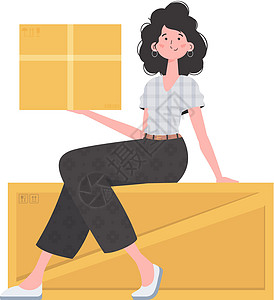 一个女人坐着拿着包裹 送货概念 孤立的 平坦的现代设计 矢量图片