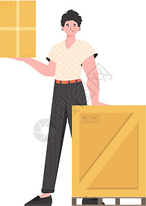 一个人站着拿着包裹 送货概念 孤立在白色背景上 矢量插图图片
