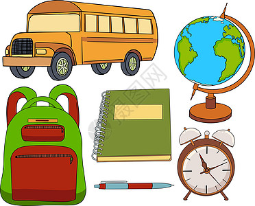校车 地球仪 笔记本 笔 闹钟 背包 关于回到学校的矢量图图片