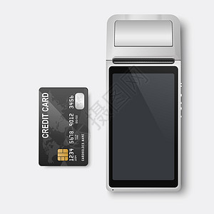 矢量 3d NFC 支付机和信用卡 Wi-Fi 无线支付 POS 终端 银行支付非接触式终端的机器设计模板 样机 顶视图图片