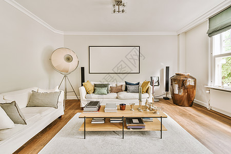 现代公寓客厅的时装式室内住宅房间长椅沙发桌子住宿地毯房子风格装饰图片