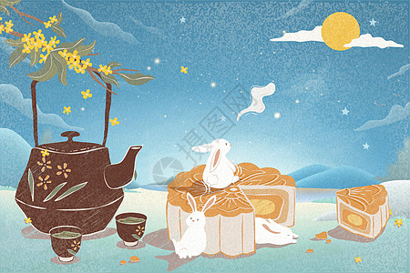 美味的月饼热茶插图秋中节庆图片