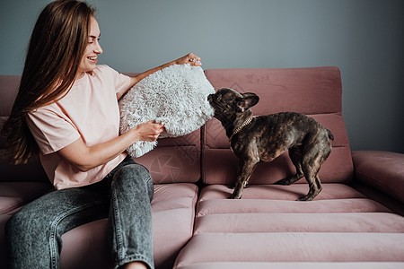 法国斗牛犬在家中的粉红沙发上咬皮洛 而快乐的女人试图保护她图片