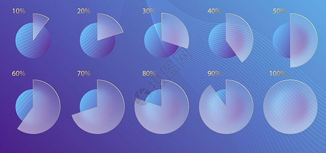 玻璃态射效应 一套透明磨砂亚克力图表图表百分比 紫色背景上的蓝色渐变圆圈 逼真的玻璃形态哑光有机玻璃形状 向量图片