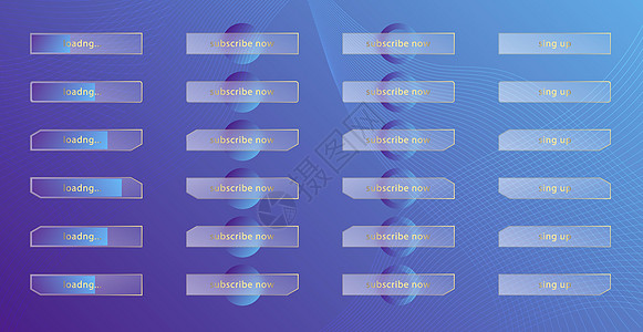 玻璃态射效应 一套透明的磨砂亚克力按钮和加载条 紫色背景上的蓝色渐变圆圈 逼真的玻璃形态哑光有机玻璃形状 向量图片
