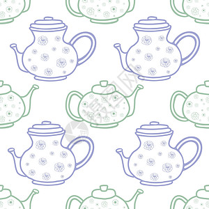 绿色紫色茶壶鲜花无缝的印刷布局背景设计图片