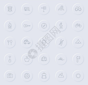 圆形橡胶按钮上的野营线灰色图标 为 web 移动应用程序 ui 设计和促销业务测绘术设置的露营图标图片