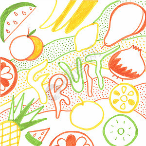 黄色 绿色 橙色和红色水果涂鸦草图图片