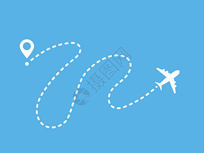 以白色背景隔离的空中飞机航线旅行矢量图标涂鸦草图插图虚线环形课程天空空气信息曲线图片
