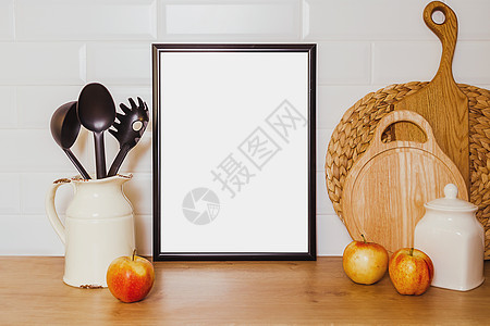 厨房模板 黑色框架的海报模型 带有水果的原始设计Name图片