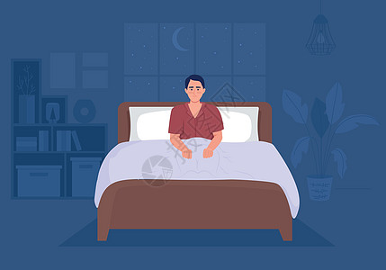 卧室公寓的彩色矢量插图中患有失眠的人图片