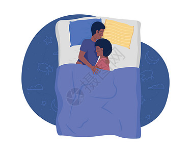 快乐的一对夫妇睡在床2D矢量孤立插图图片