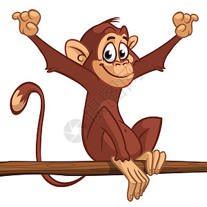 卡通猴子黑猩猩 坐在树枝边上大猩猩艺术漫画插图大眼睛尾巴丛林线条微笑绘画图片