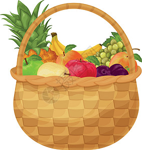 水果篮 如香蕉 菠萝 葡萄 桃子以及苹果 梨和李子 水果篮 在柳条篮子里的水果 在白色背景上孤立的矢量图图片