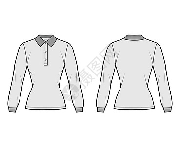 Shirt polo装配了技术时装插图 有长袖 外衣长度 Henley扣锁 平针头领衣领办公室女性男性小样衬衫棉布女孩足球设计图片