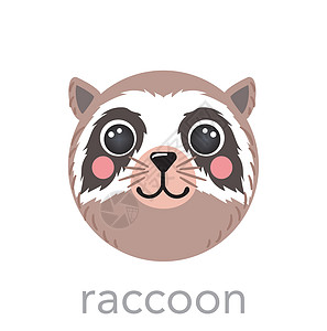 Raccoon 剪切肖像 配有姓名文字笑脸头卡通阿凡达圆形动物脸孔 孤立矢量插图图片