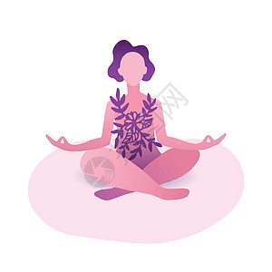 参加瑜伽锻炼的年轻美少女 女性卡通人物坐在莲花姿势和冥想中比巴西安娜沉思佛教徒内观女士冒充精神飞行呼吸男人专注图片