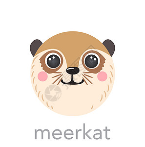 Meerkat 可爱的肖像 有姓名文字笑头卡通圆形动物脸孔 孤立矢量图标插图图片