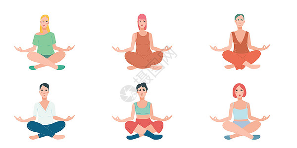 参加瑜伽锻炼的妇女群体 女性卡通人物坐在莲花的姿势上 冥想着静脉默思图片