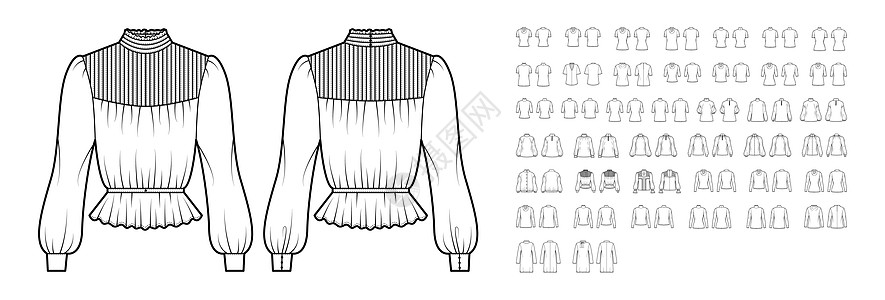 一套布质 顶部 衬衫技术时装插图 配有尺寸超大的身体和短肘长袖袖子针织品服装棉布衣服促销小样服饰计算机品牌图片