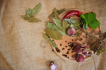 顶端风景 大蒜 胡萝卜 红辣椒 鲜 黑莓叶和麻布桌布上的绿叶图片