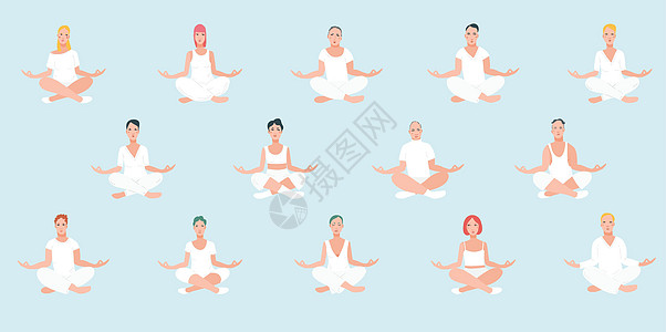 从事瑜伽锻炼的男女组别 男女合唱卡通人物座席佛教徒呼吸男生男人沉思内观卡通片冥想精神姿势图片