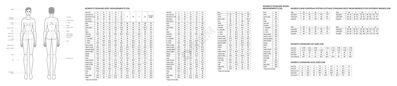一套男女合体部件的名词计量和尺寸图表 服装和配件的说明说明 1011 6女孩草图术语衣服缝纫裁缝腰部收藏身体插图图片