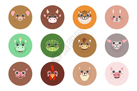 圆形动物组织 中国十二号Zodiac 肖像图标 可爱漫画插图 平板矢量鼠 牛图片