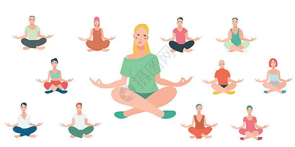 从事瑜伽锻炼的年轻人 男女卡通人物坐在莲花姿势和冥想比巴西安娜(vipassana)中图片