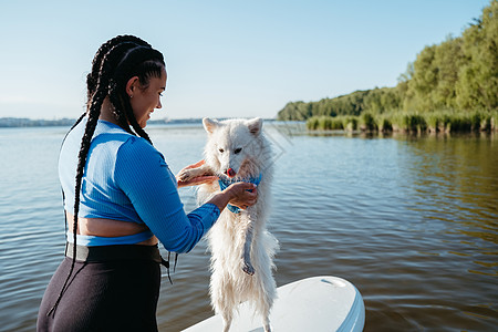 和Locs在一起的年轻女子 在湖边抱着她的宠物日本式尖嘴 狗站在Sup Board上 他的背Paws图片