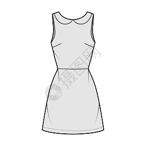 穿着A线技术时装插图 用无袖 皮衣板领 合身身体 膝上方长裙设计太阳裙服装女孩长袍服饰女性计算机背心衣服图片