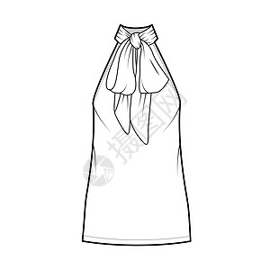 穿戴颈首技术时装插图 用高起立架领带 无袖 超大身材 小长裙纺织品太阳裙时尚服装男性草图长袍计算机绘画棉布图片