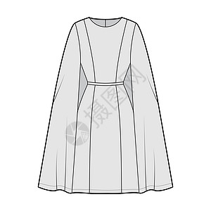 穿戴服装的披风化学技术时装插图 配有合身的身体 膝盖长的铅笔裙子计算机女孩服饰草图衣服衬裙小样设计时尚长袍图片
