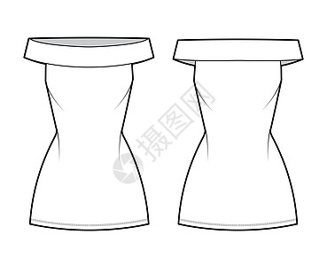 以无袖 装配的身子 小型铅笔短裙平板 穿戴脱肩式巴多特技术时装插图设计服饰女士男性衣服小样太阳裙棉布绘画纺织品图片